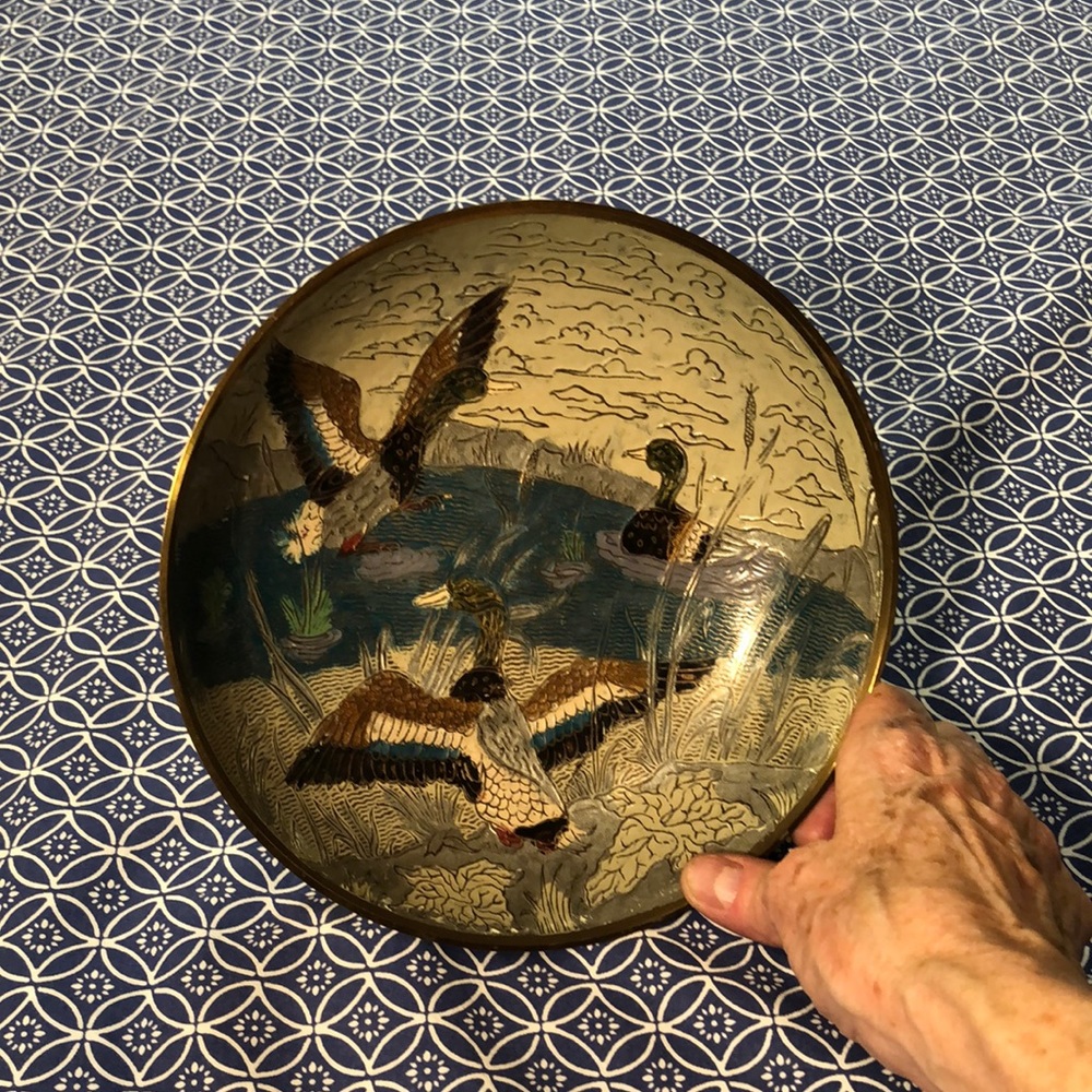 Brass bowl with enameled ducks scene